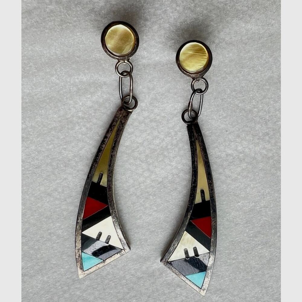 Zuni Sterling Silver Turquoise Coral Inlay Dangle Earrings by Emery Ohmsatte 2in
